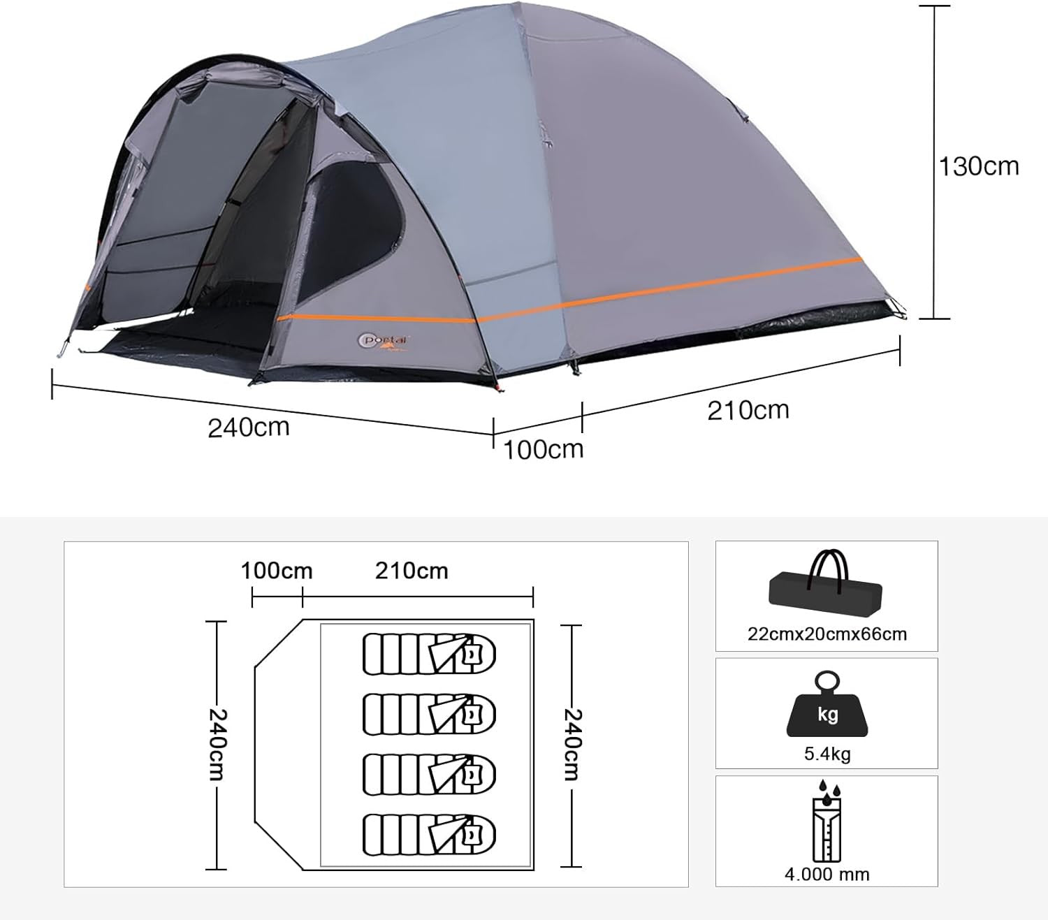 3-4 Man Camping Tent with Porch 4000mm Waterproof Family Dome