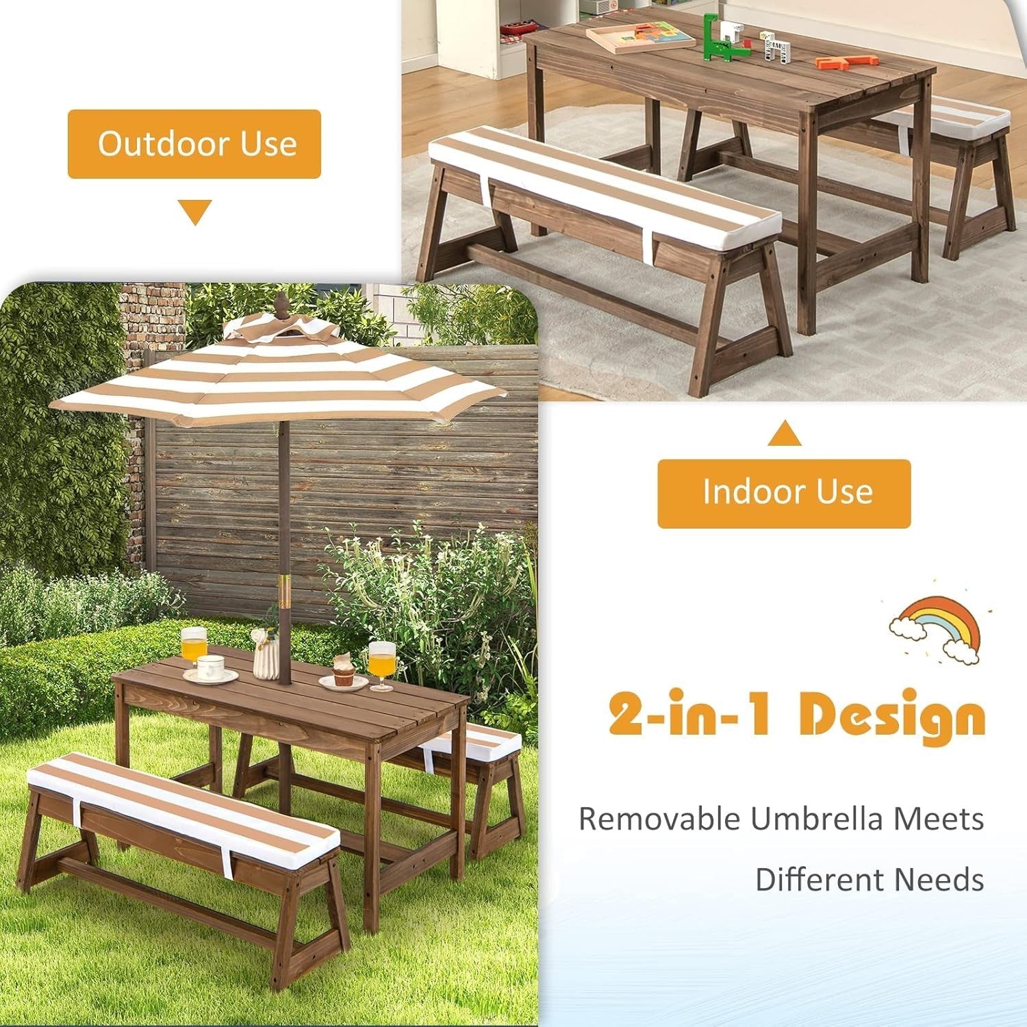 Kids Wooden Picnic Table Set with Cushions & Removable Umbrella, Indoor/Outdoor