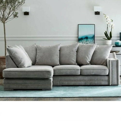 Luxury Light Grey Corner Sofa L Shape 3-4 Seater ✨ Studded Arms, Modern Design