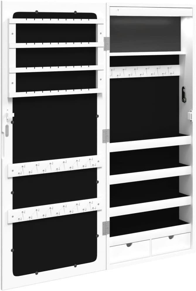 LED Wall Mounted Jewelry Cabinet Mirror Lockable Slim Storage White
