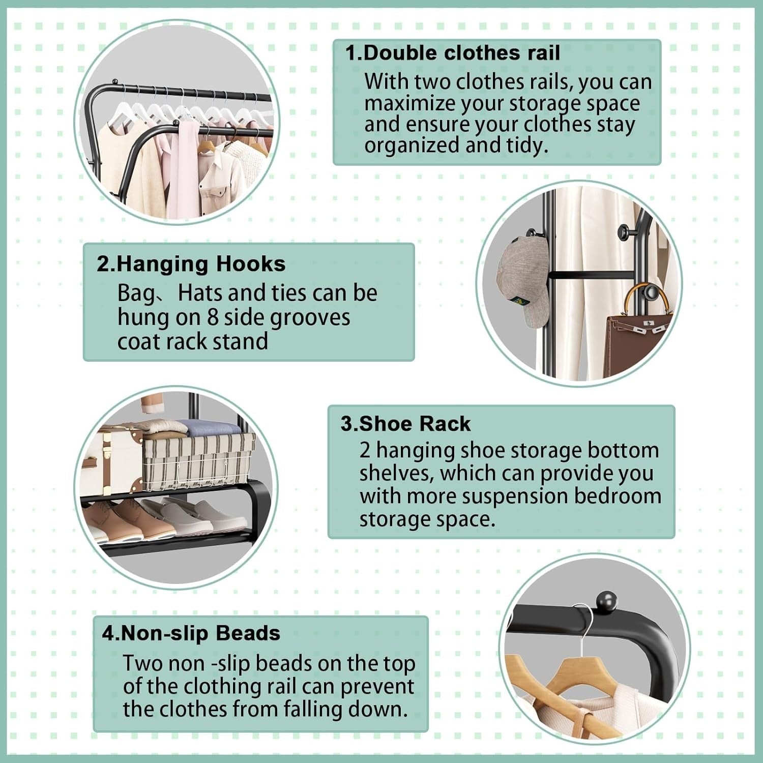 Heavy Duty Metal Clothes Rail Double Rack with Shelves & 8 Hooks Black