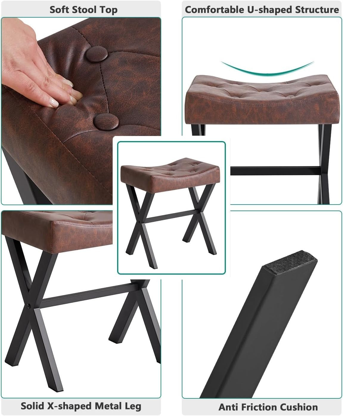 Dark Brown PU U-Shaped Vanity Stool with X-Legs – Modern Makeup Ottoman
