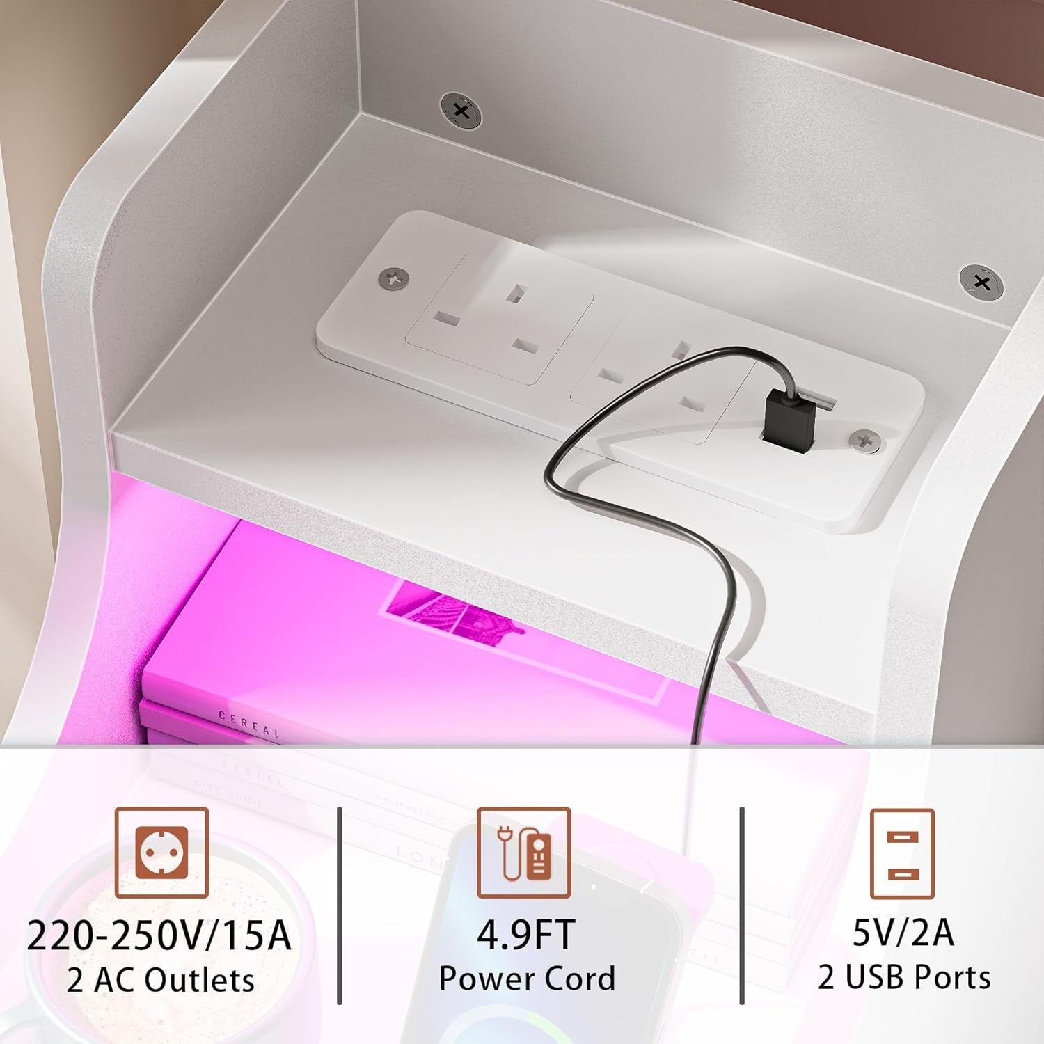 Slim White Bedside Table with RGB LED Lights & Charging Station | 3 Drawer