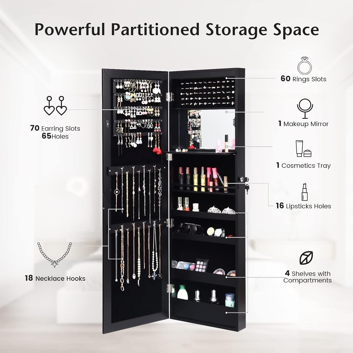 Black LED Wall Mounted Jewelry Cabinet Mirror Lockable Slim Organizer