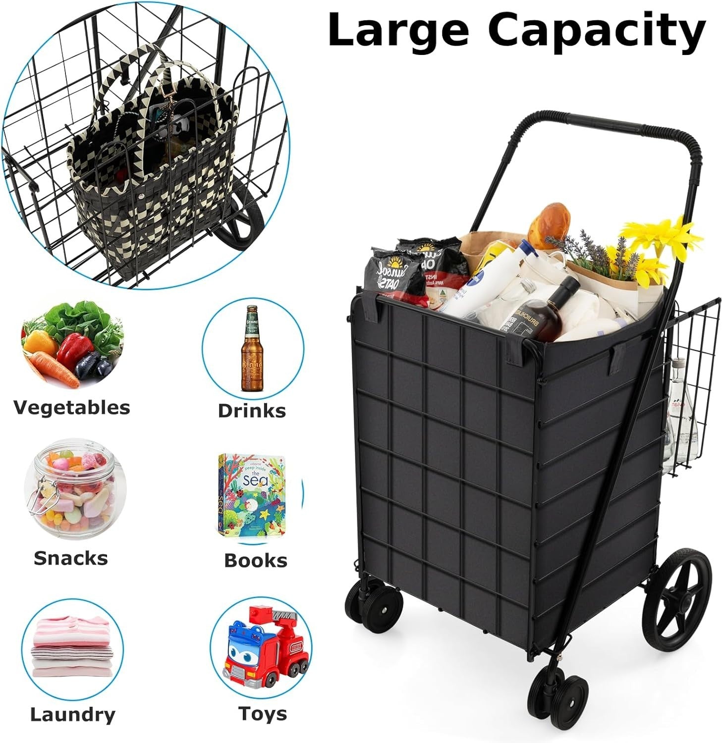 Foldable Shopping Cart On Wheels Heavy Duty Grocery Trolley Basket