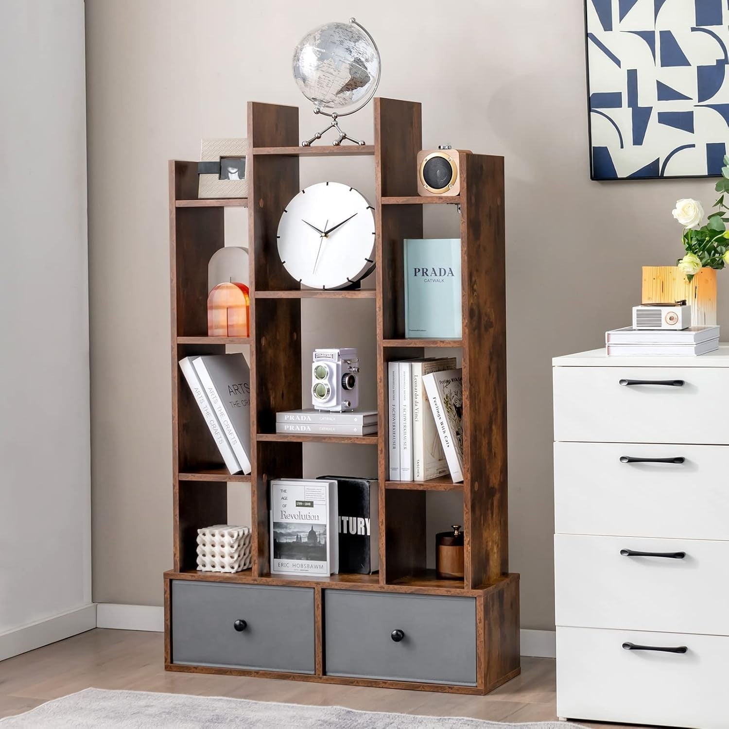 12-Tier Rustic Brown Wooden Bookshelf with 2 Foldable Drawers, Space Saver