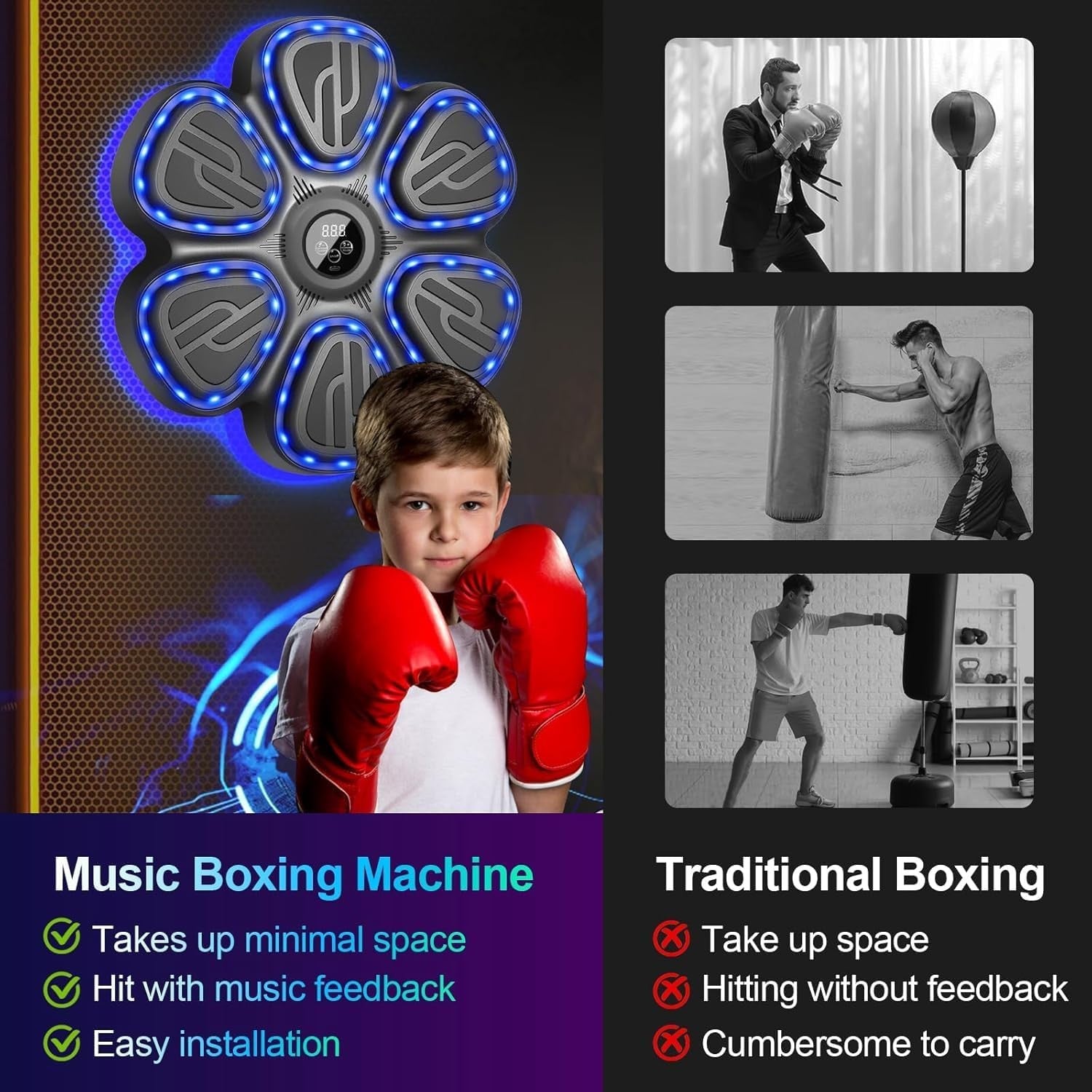 Music Boxing Machine LED Punch Trainer Bluetooth Wall Mounted Gloves