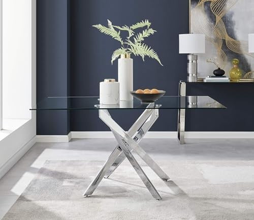 Modern Rectangular Glass Dining Table with Chrome Legs for 6 Person Dining