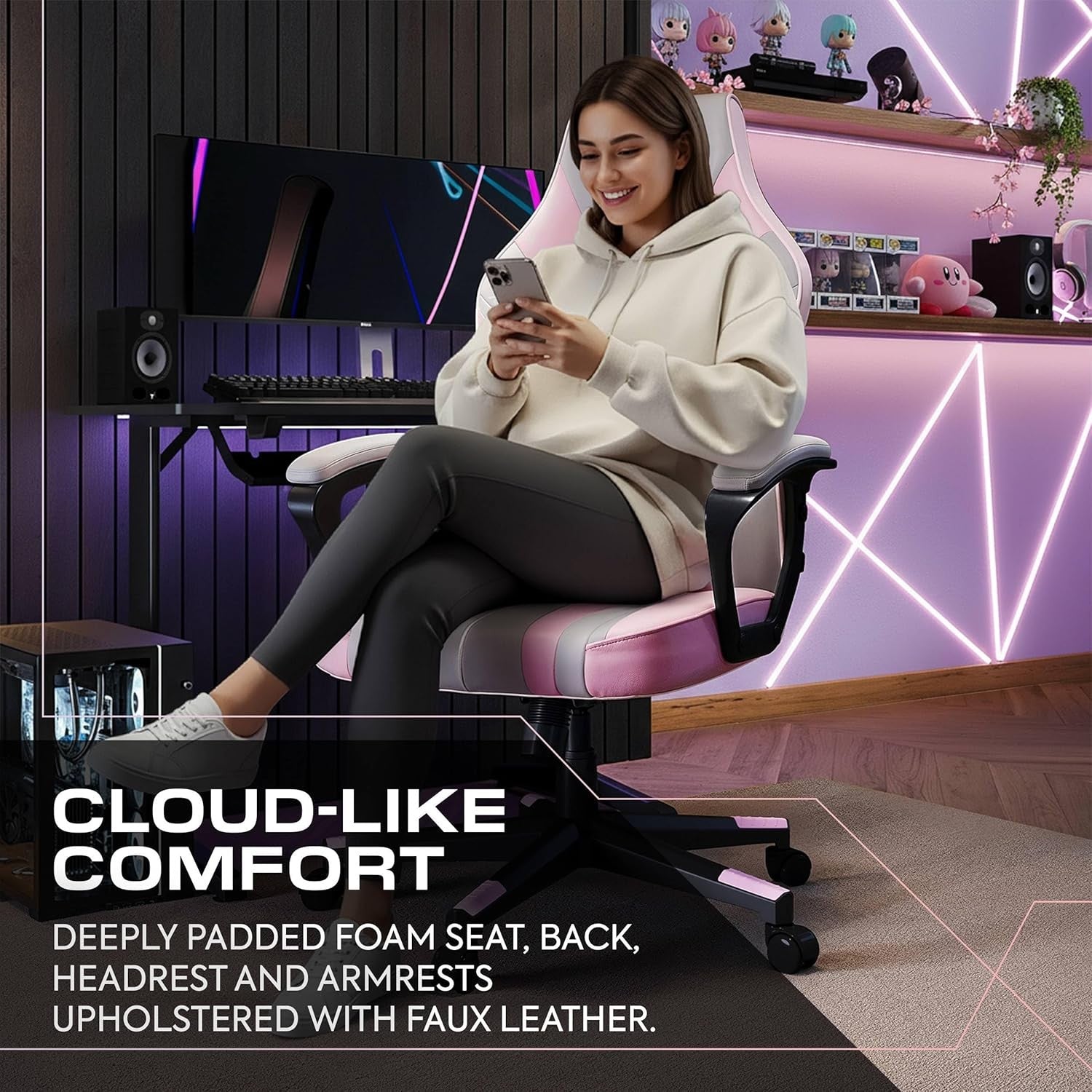 Ergonomic Gaming Chair High Back Wide Seat Grey Pink