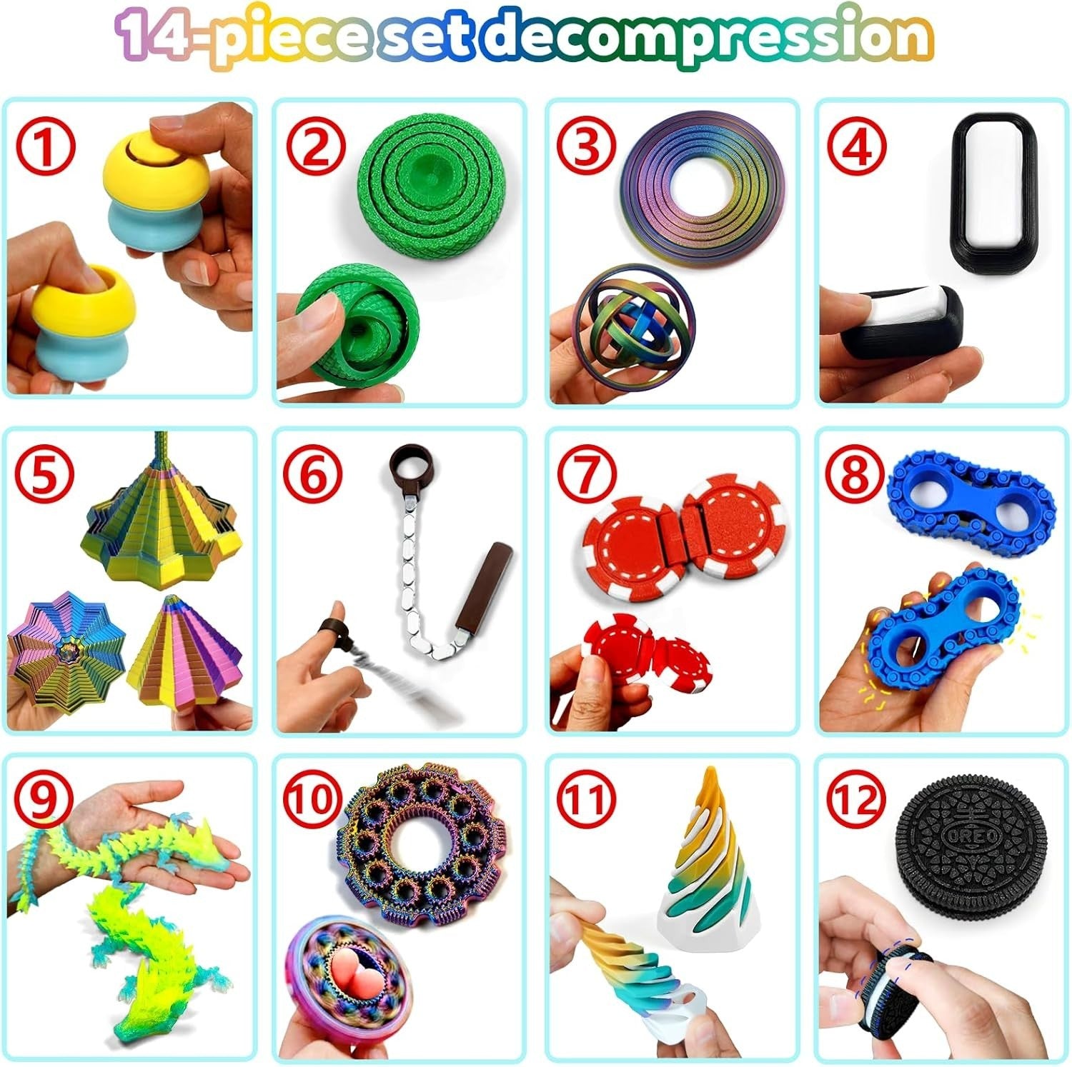 14-in-1 3D Printed Fidget Toys Set Stress Relief Anxiety Desk Gifts