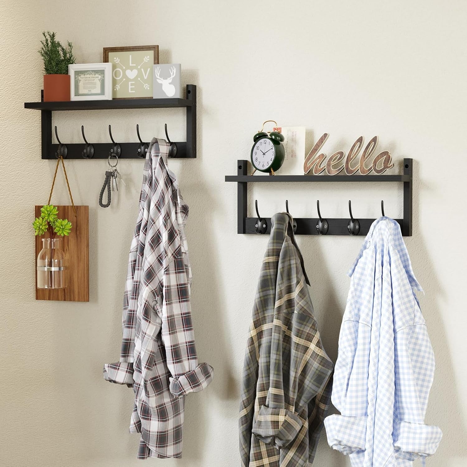 Wooden Wall Coat Rack with Shelf 87cm | 10 Hooks for Coats Hats Keys