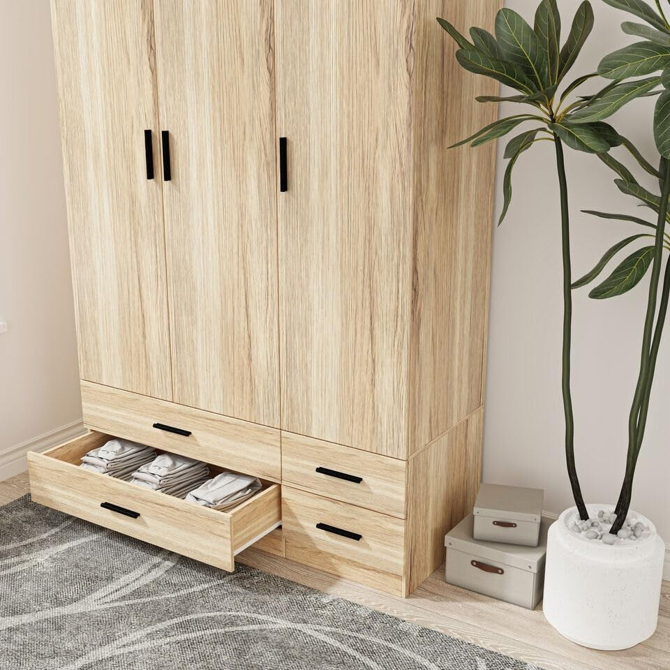 Oak 3 Door Wardrobe 4 Drawer Bedroom Storage Unit Hanging Rail Modern Style