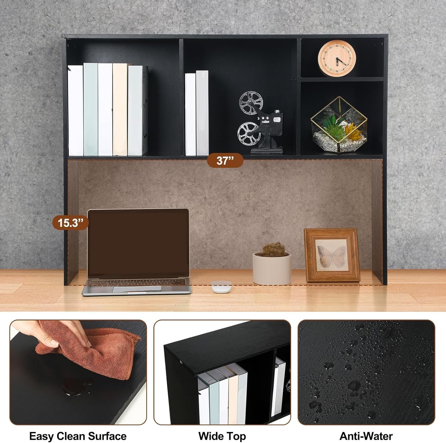 Desk Hutch Bookshelf Organizer 2-Tier Monitor Stand Storage Rack Black