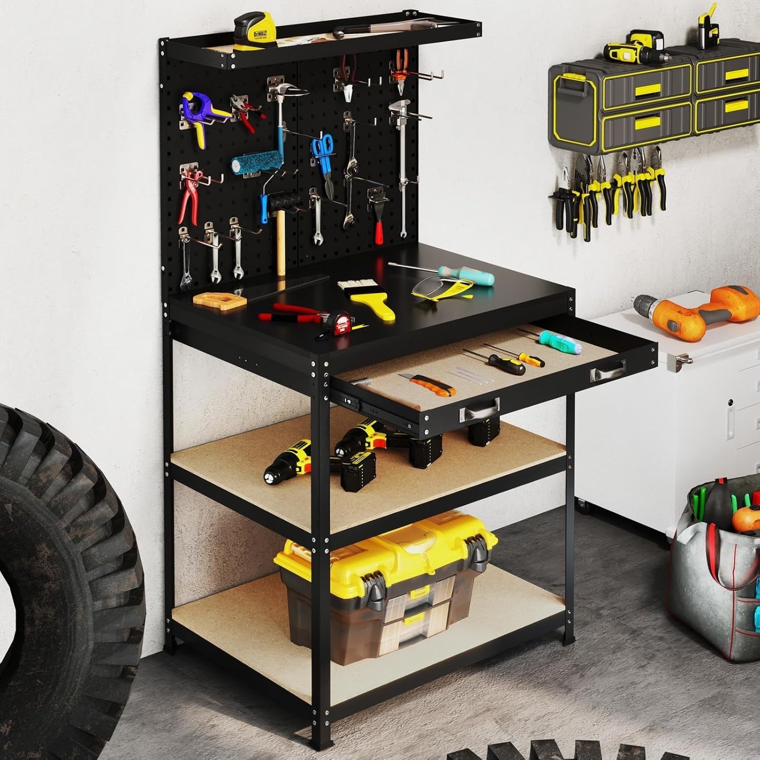 Heavy Duty Workbench 81x41x156cm with Pegboard Shelves Drawer 290kg Capacity