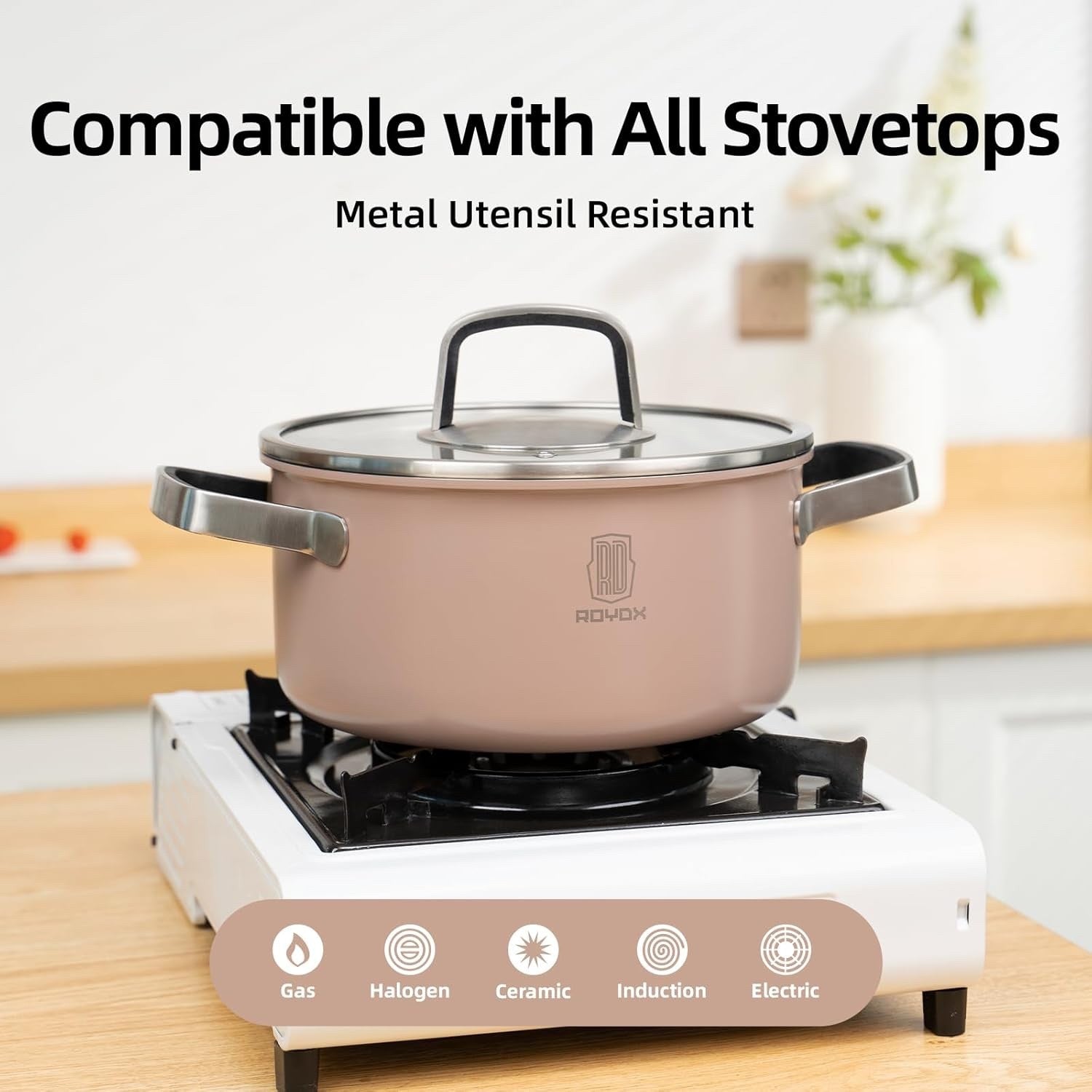 6Pcs Dusky Pink Stainless Steel Cookware Pot Set with Glass Lids Induction Safe