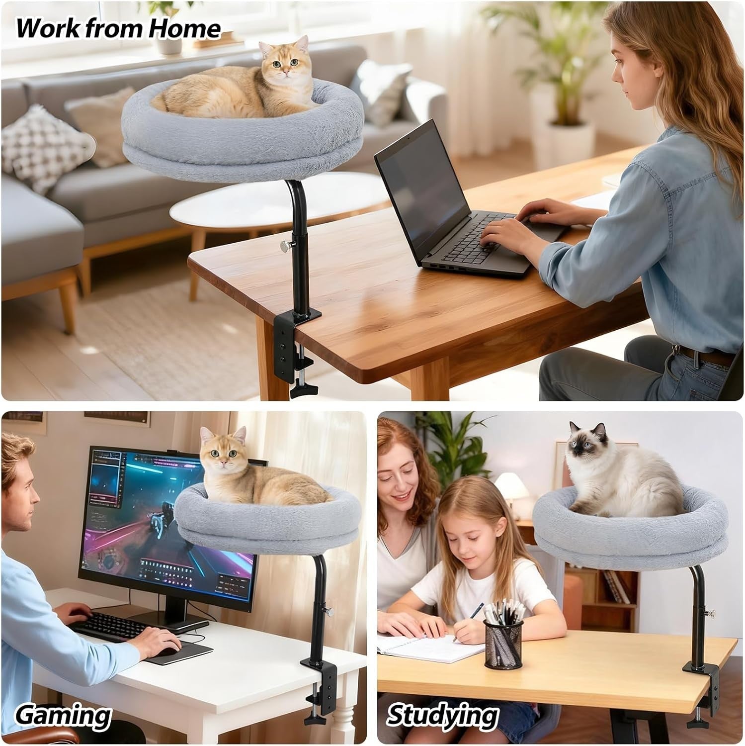 360° Rotating Cat Desk Bed Adjustable Clamp Hammock Perch Grey
