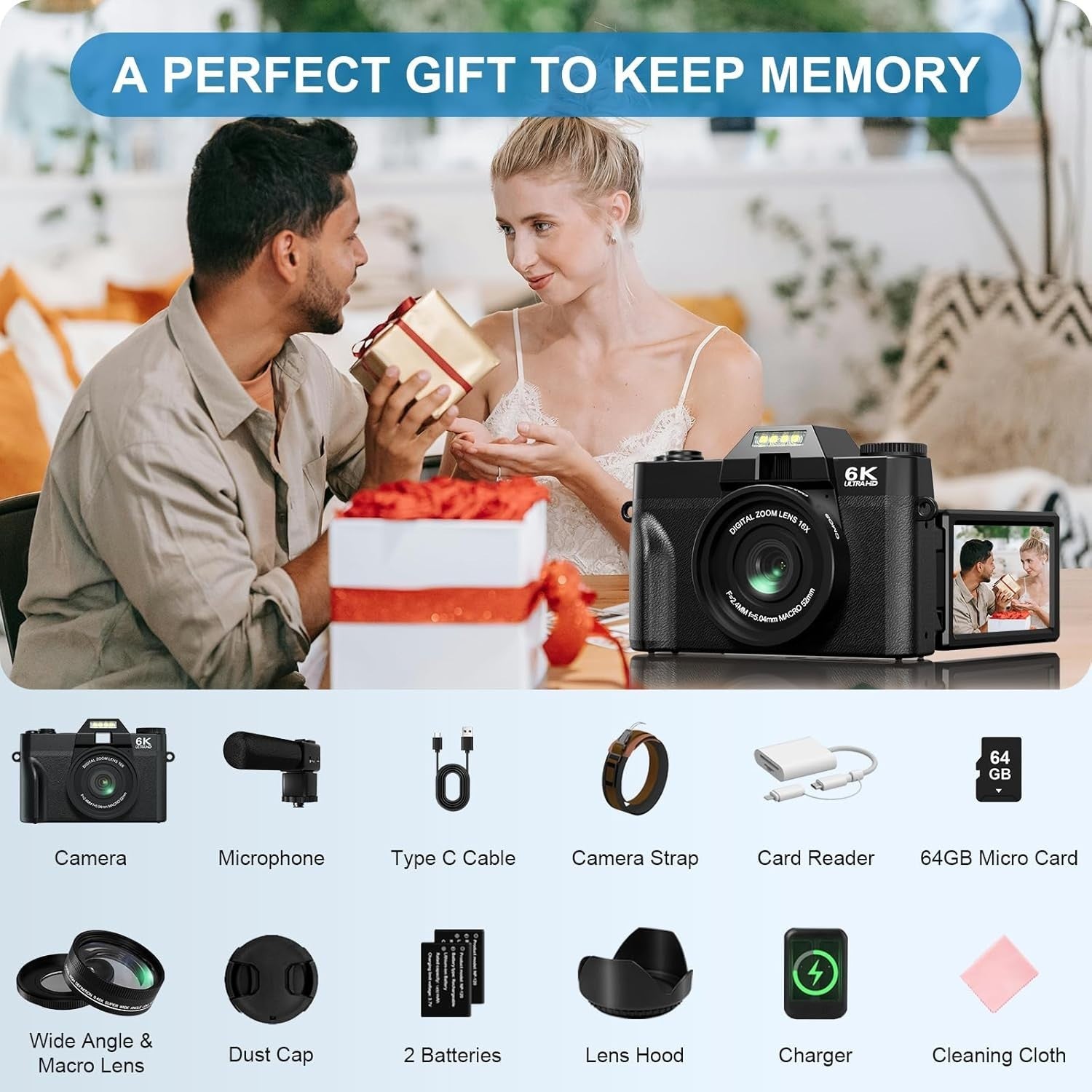 6K 64MP Vlogging Camera WiFi Wide Angle Lens w/ 64GB Card Mic