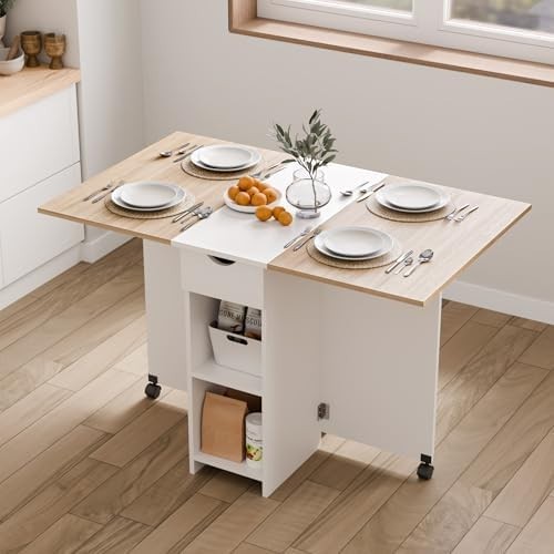 Drop Leaf Folding Dining Table with Drawer Shelves Wheels Oak White Small Space