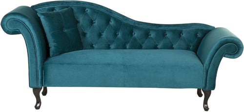 Vintage Teal Velvet Left Hand Chaise Lounge Button Tufted Wood Legs
