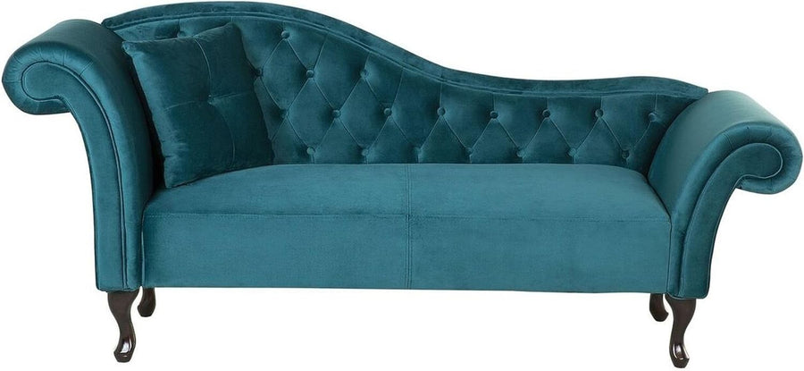 Vintage Teal Velvet Left Hand Chaise Lounge Button Tufted Wood Legs