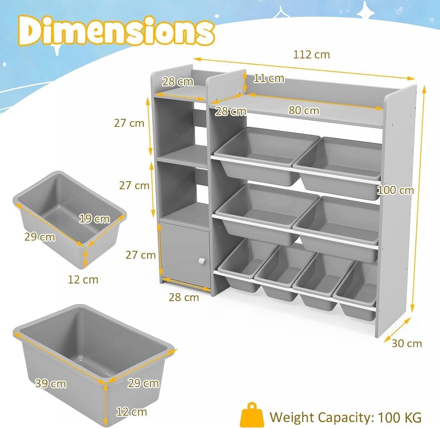 4 Tier Kids Toy Storage Unit with Bins Bookshelf & Cabinet Grey 112x30x100cm