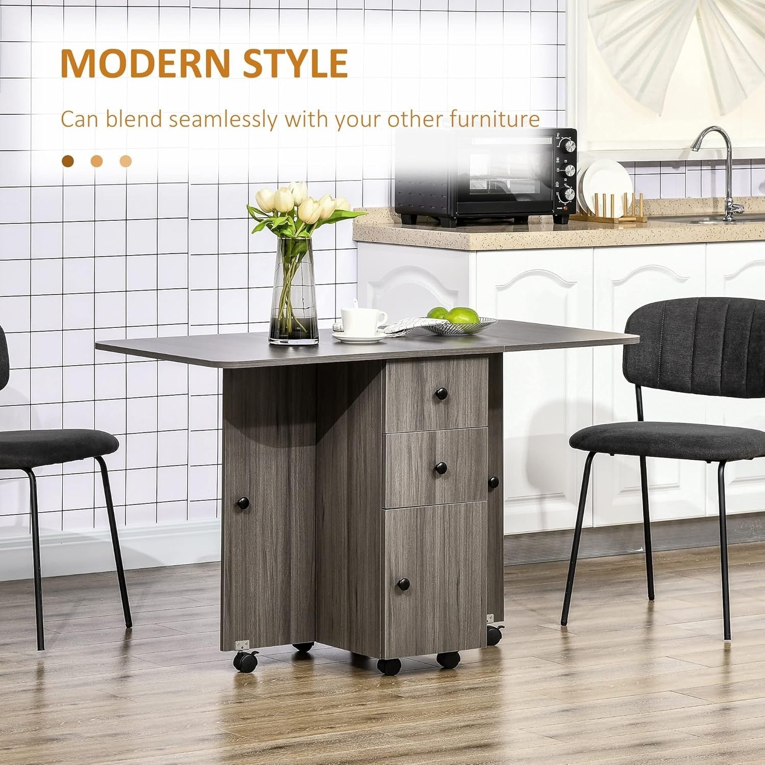 Folding Drop Leaf Dining Table 4-6 Seater on Wheels with Storage Grey