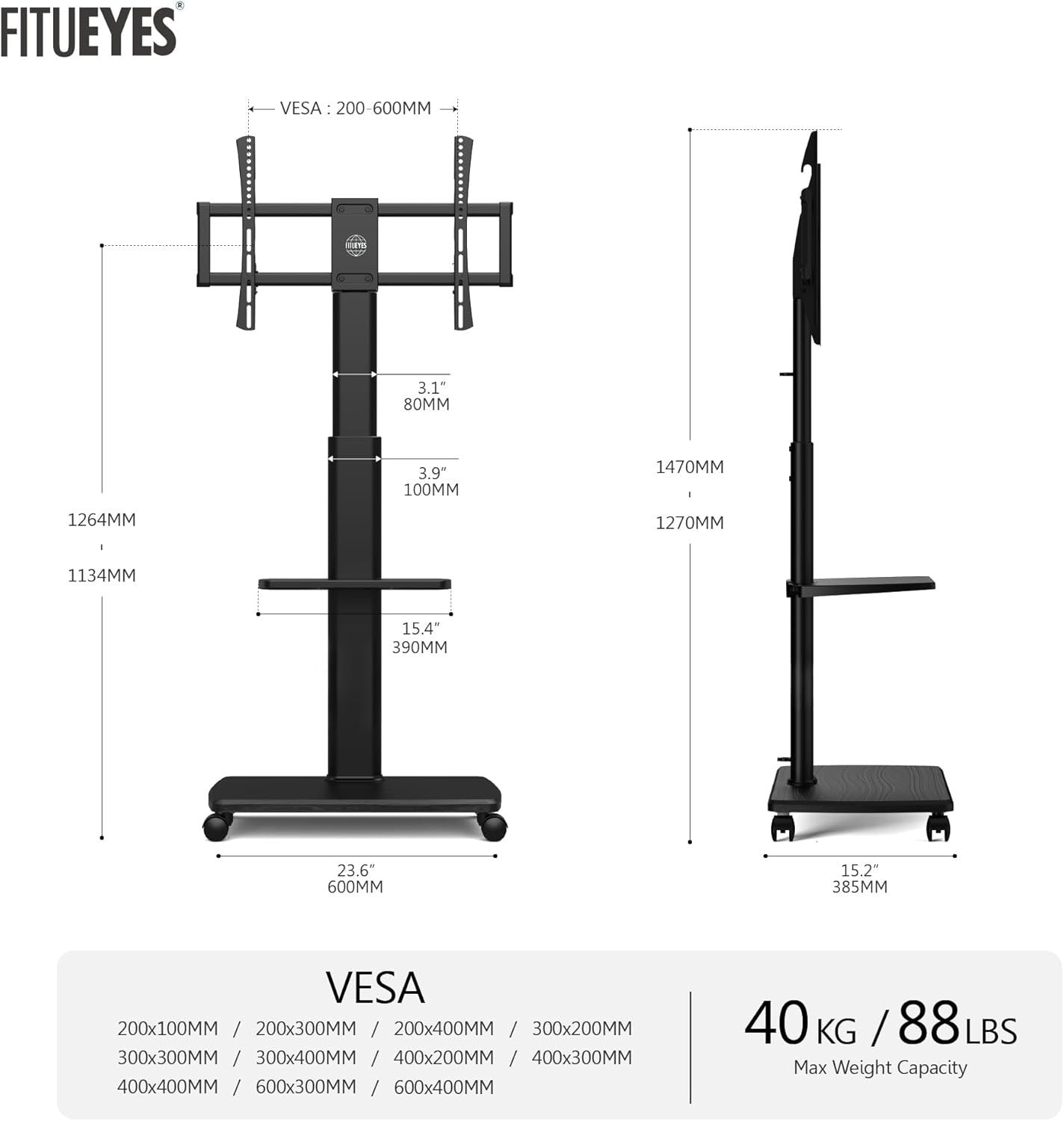 Mobile TV Stand 32–70" Wheels Shelf Tilt Swivel Height Adjustable 40kg