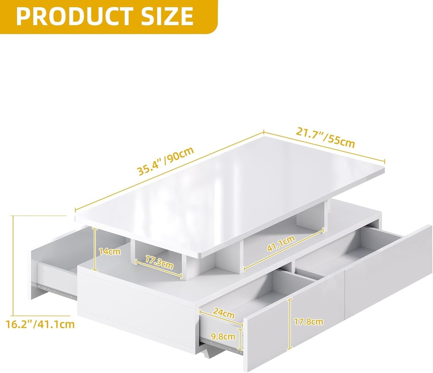Modern High Gloss Coffee Table with 4 Drawers & 16-Color LED Lights, 90cm