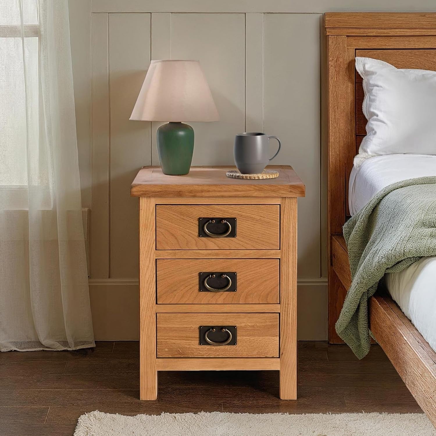 Rustic Solid Oak 3 Drawer Bedside Table – Fully Assembled Wood Nightstand