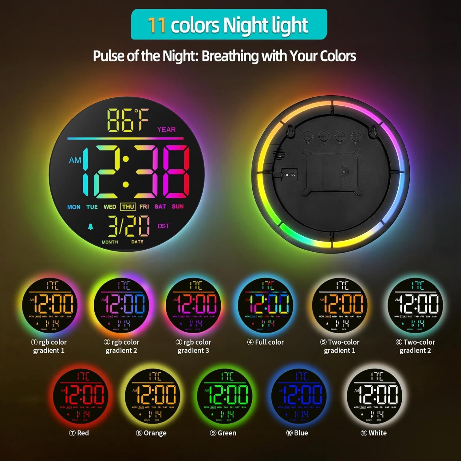 Black 10″ RGB Digital Wall Clock LED Large Display Remote Temperature