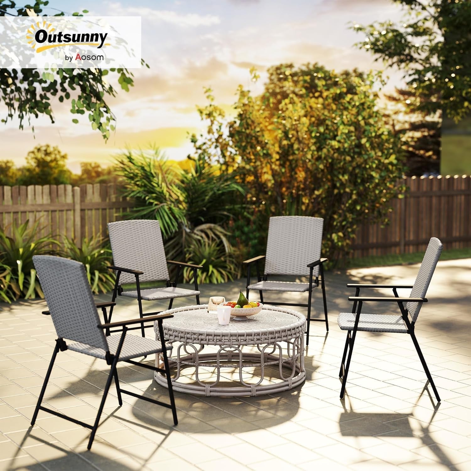 Set of 4 Folding Garden Chairs High Back Rattan Patio Dining Seating