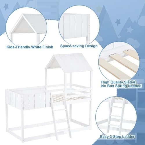 Solid Pine Wood Cabin Bunk Bed with Ladder & Guard Rail, Twin 90x190cm