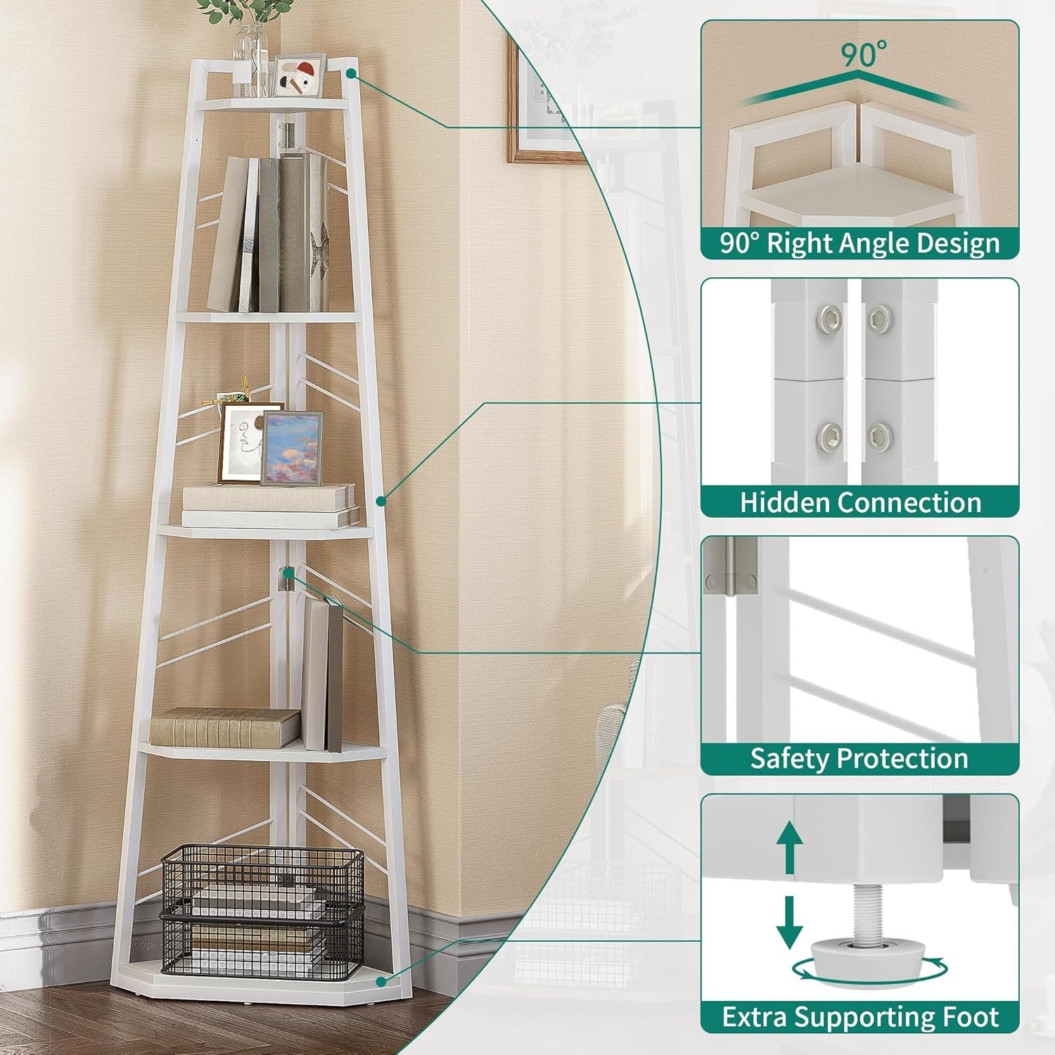 5-Tier White Corner Bookshelf Industrial Ladder Shelf Tall Display Storage Unit