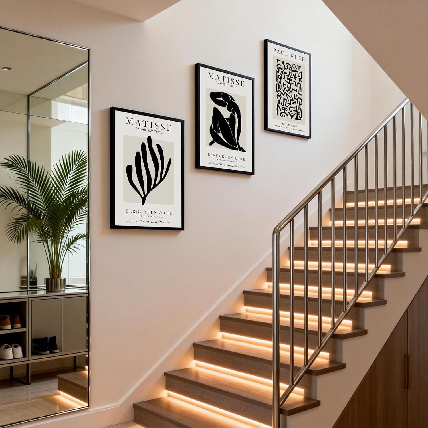 Large Neutral Abstract Wall Art Set of 3 Black Beige Framed Prints 16x24