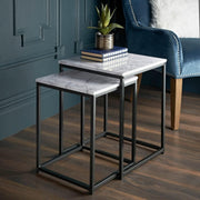 2X Square Nesting Side Tables Industrial End Coffee Nightstand Marble Black