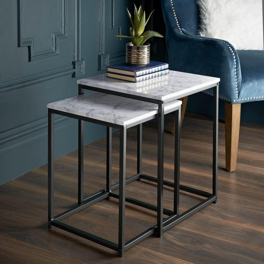 2X Square Nesting Side Tables Industrial End Coffee Nightstand Marble Black