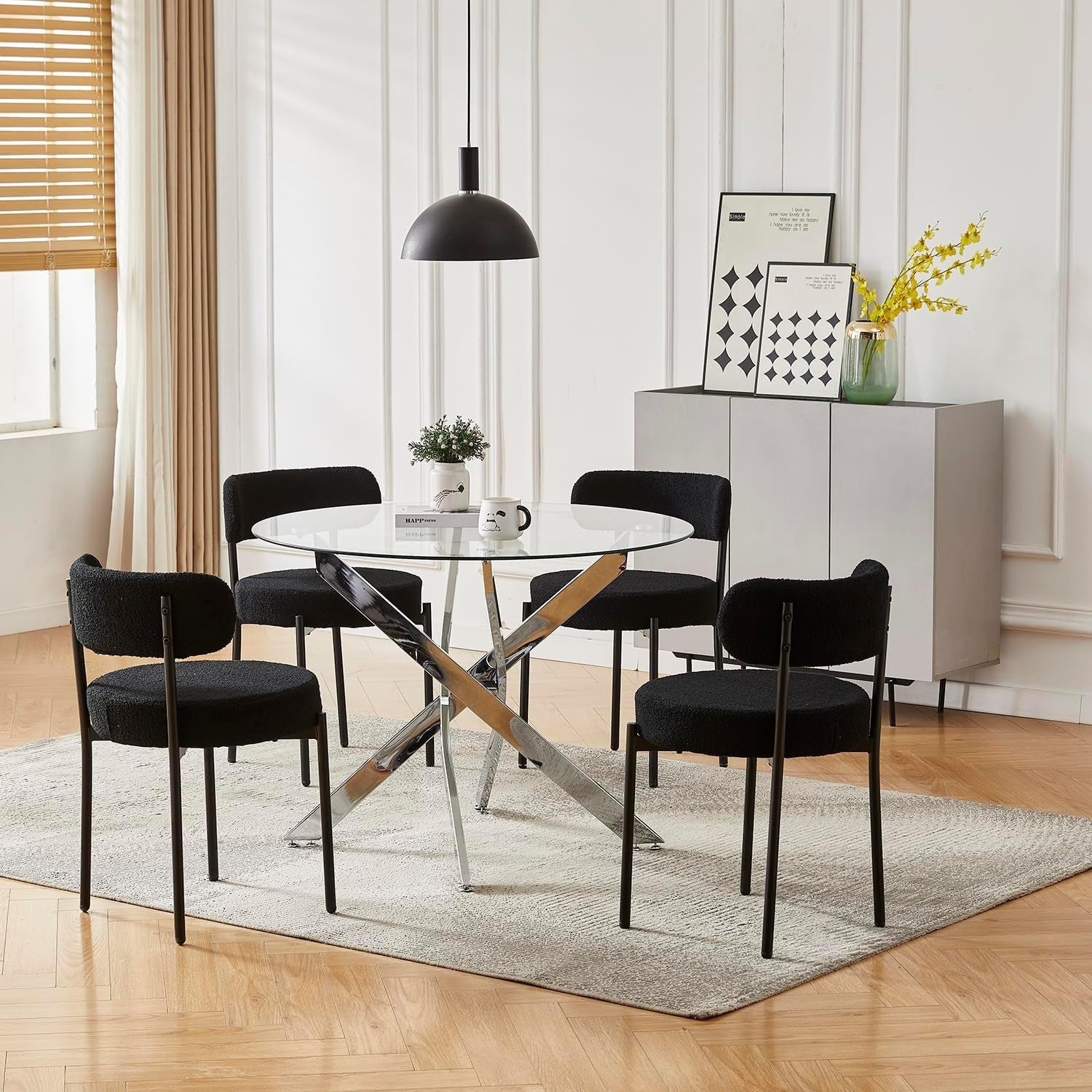 100CM Round Glass Dining Table with 4 Black Upholstered Chairs Set