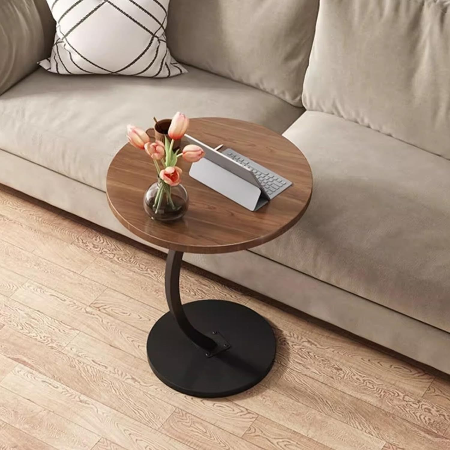 C-Shaped Round Side Table Small Wooden End Table 40x60cm Sofa Desk