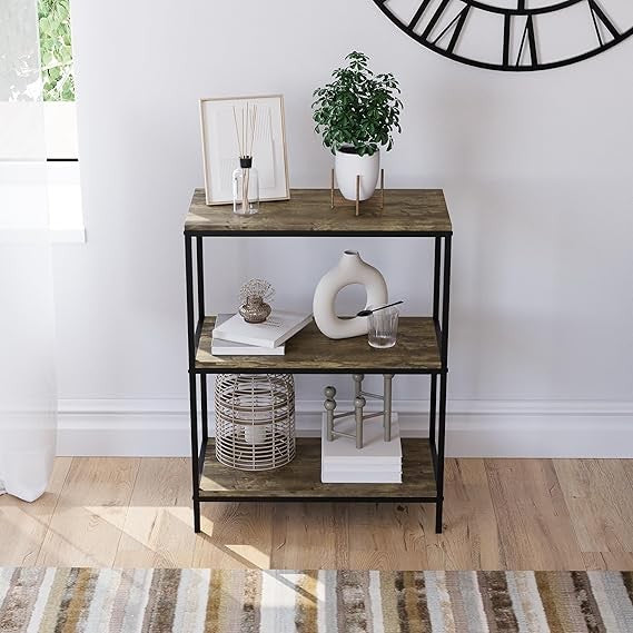 3 Tier Industrial Bookcase Shelf Unit Rustic Wood Metal Storage Display Stand