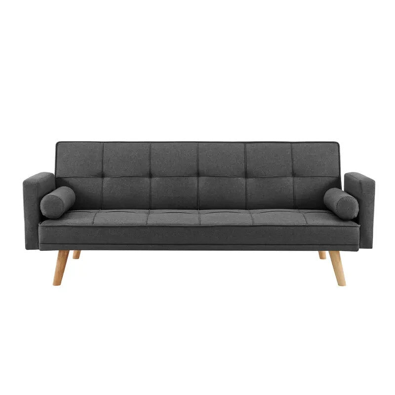 Charcoal Linen Clic Clac Sofa Bed 3 Seater Tufted Cushions & Bolster Pillows