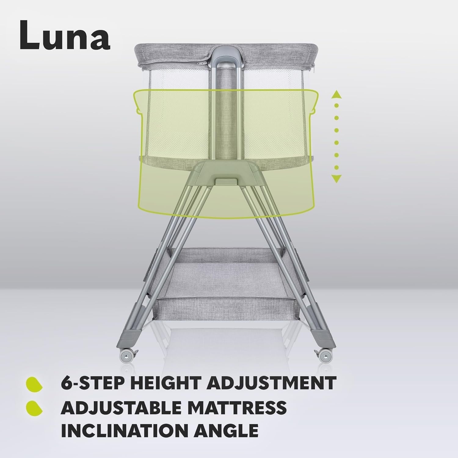 2in1 Baby Bedside Crib Adjustable Height Incline Cot with Wheels & Storage Grey