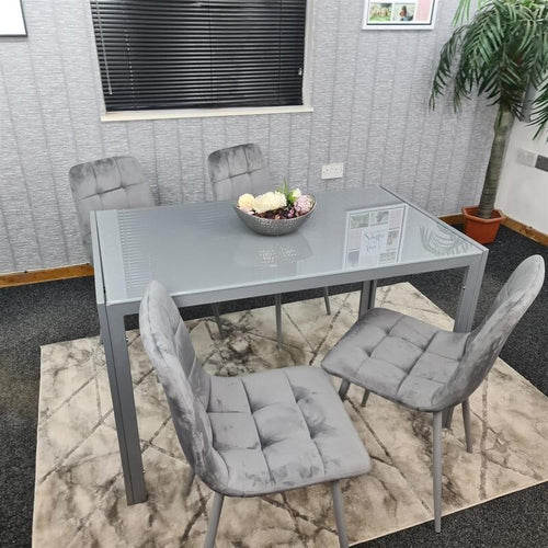 Grey Glass Dining Table Set with 4 Velvet Chairs Modern Padded Seats 134cm