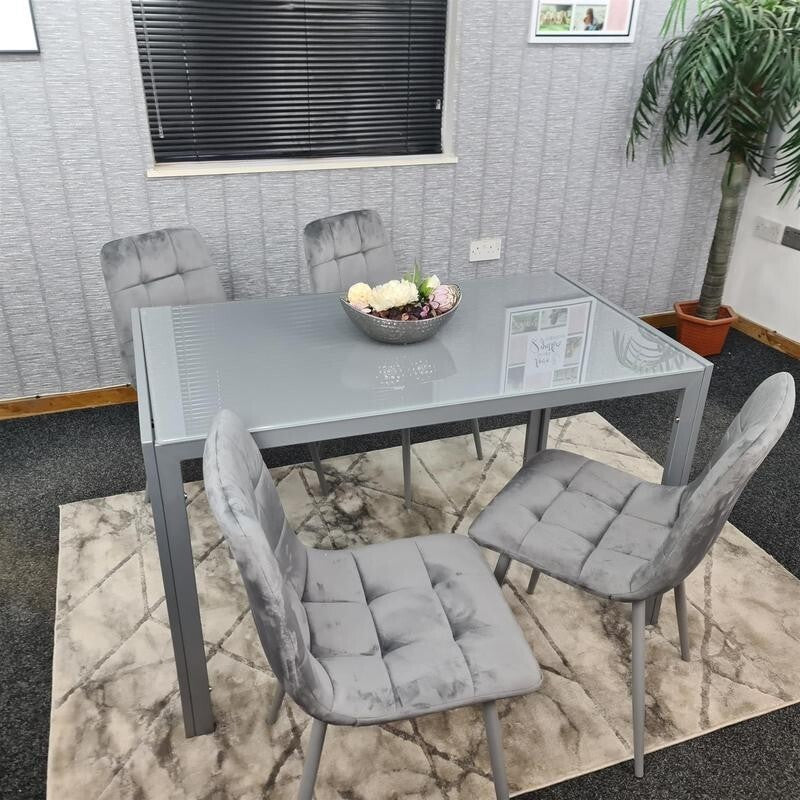 Grey Glass Dining Table Set with 4 Velvet Chairs Modern Padded Seats 134cm