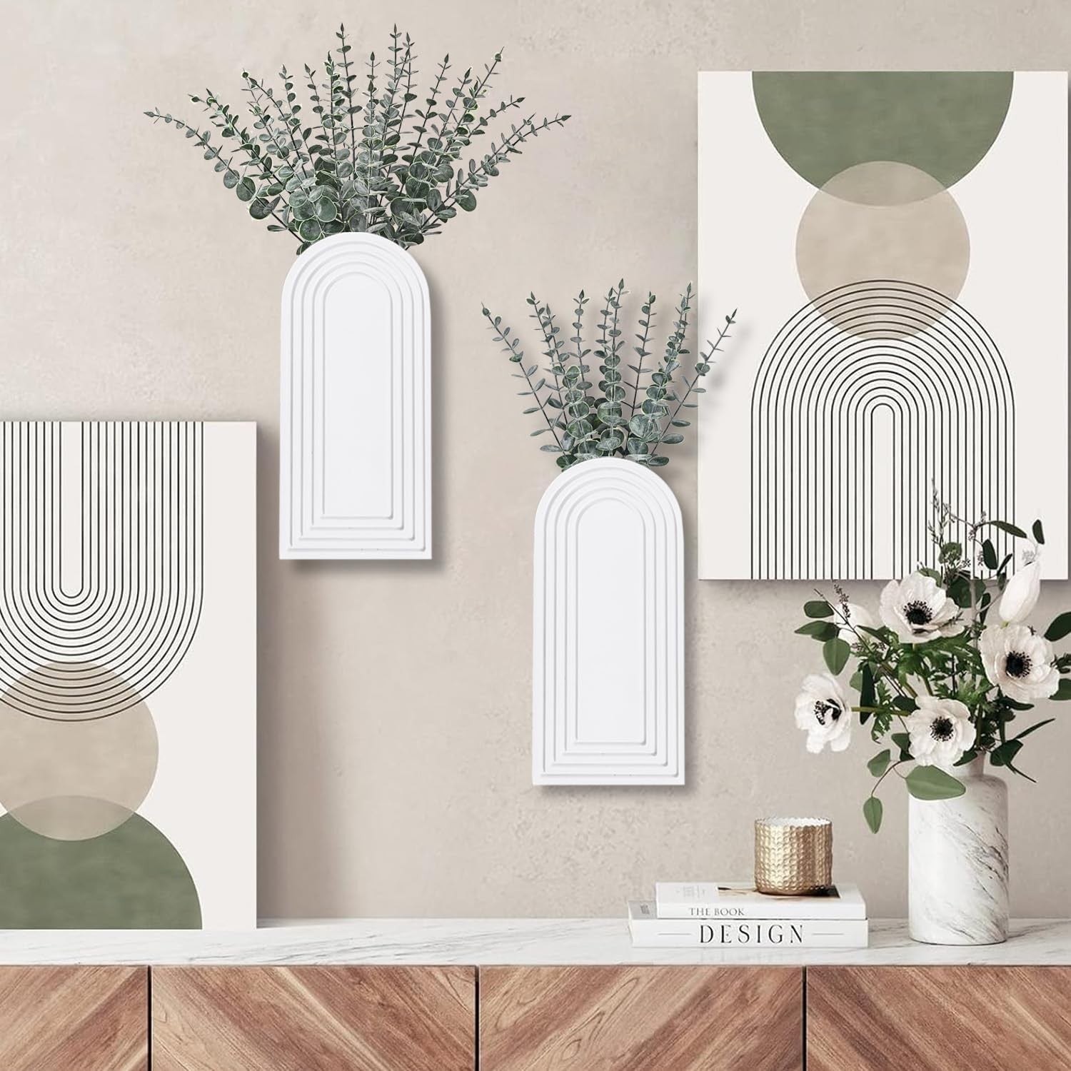 Modern Wall Wood Vase Set of 2 White Farmhouse Entryway Hanging Decor