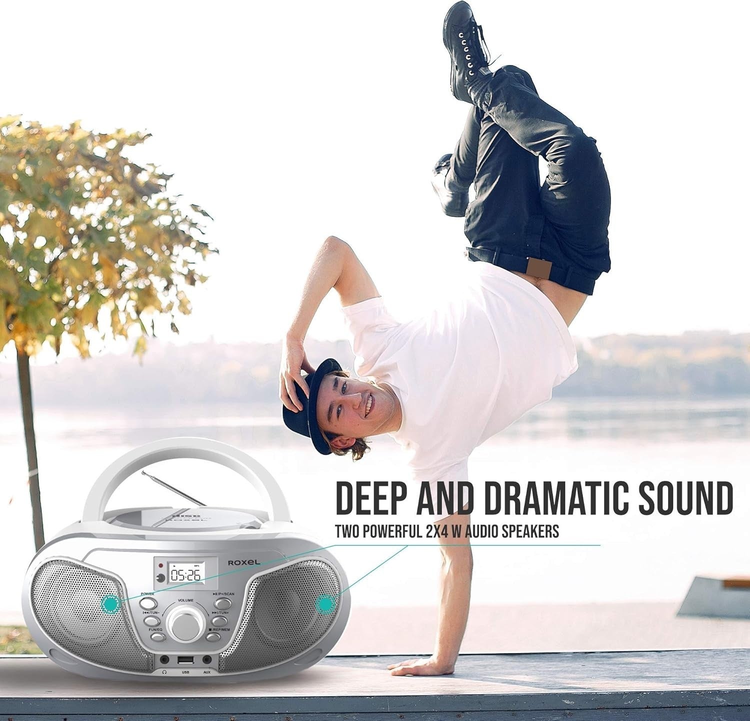 Silver Portable Boombox CD Player Bluetooth FM Radio USB AUX Remote