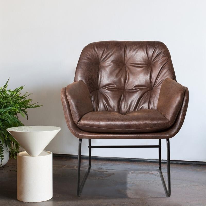 Brown PU Leather Accent Chair with Metal Legs – Tufted Lounge Armchair