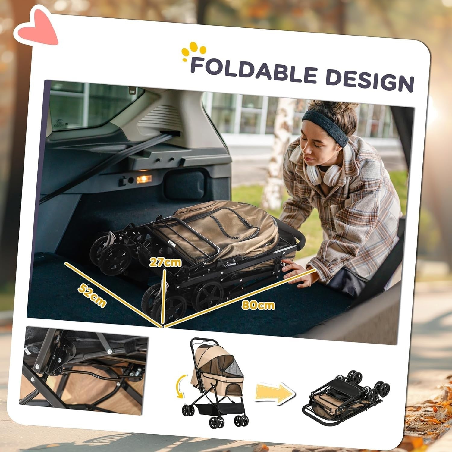 Light Brown Dog Pushchair Foldable Pet Stroller Reversible Handle EVA Wheels