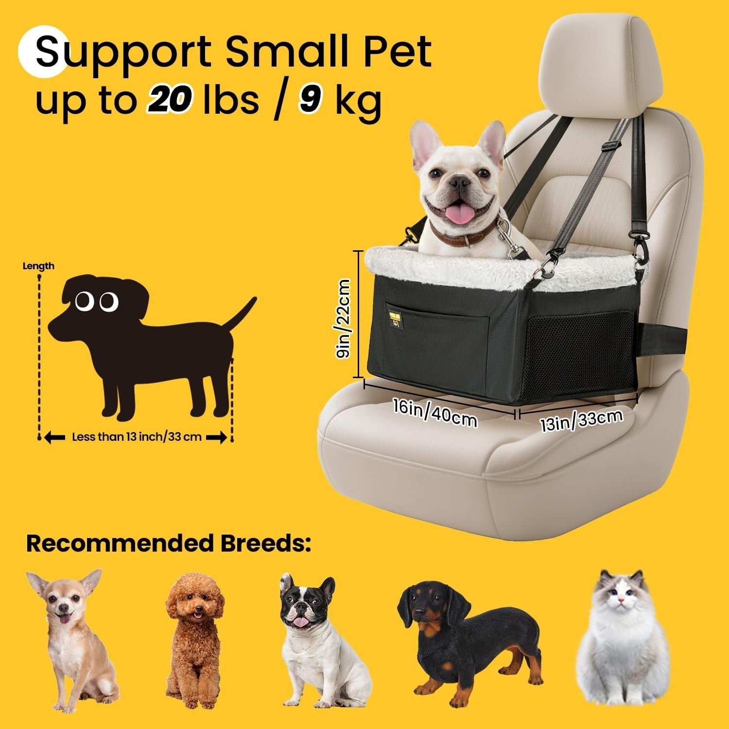 Elevated Dog Car Seat Booster Bed Small Dogs Safety Tether Travel Seat
