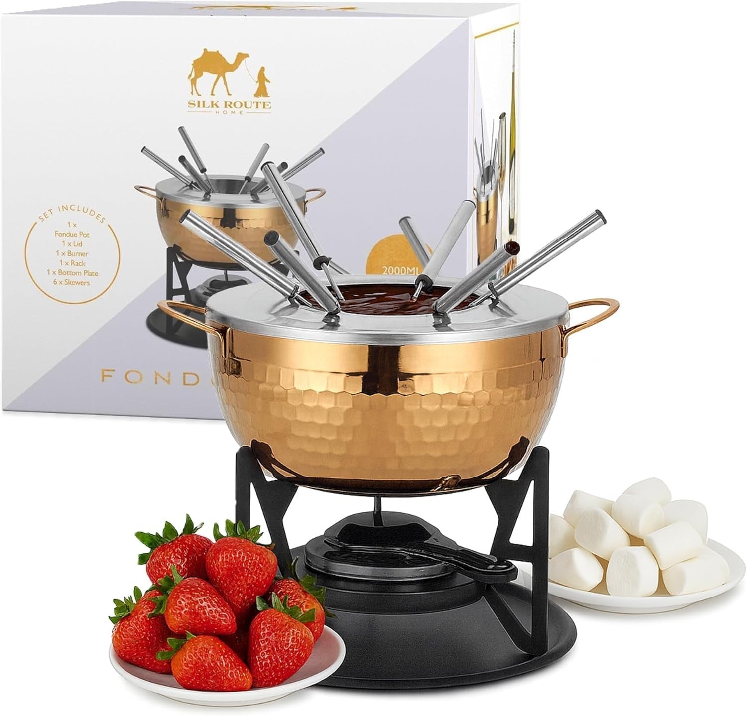 Stainless Steel Fondue Set 6 Fork Cheese Chocolate Pot Gold Burner