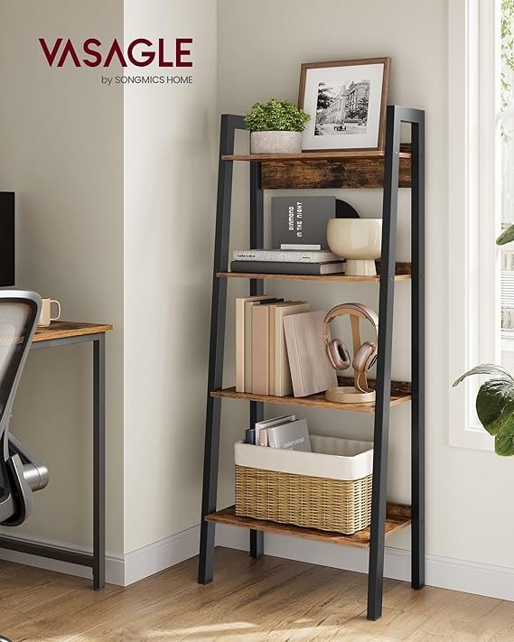 4-Tier Rustic Ladder Shelf Narrow Storage Unit Industrial Display Bookshelf